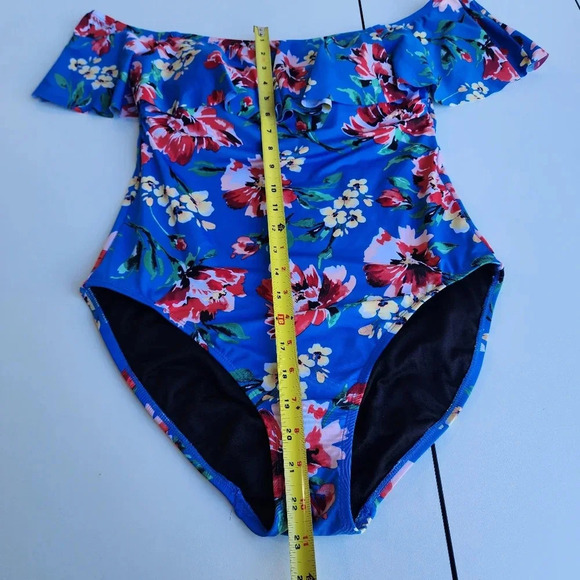 Ralph Lauren One Piece Swimsuit Off Shoulder Floral Blue Pink Print Sz 12 - Picture 14 of 16